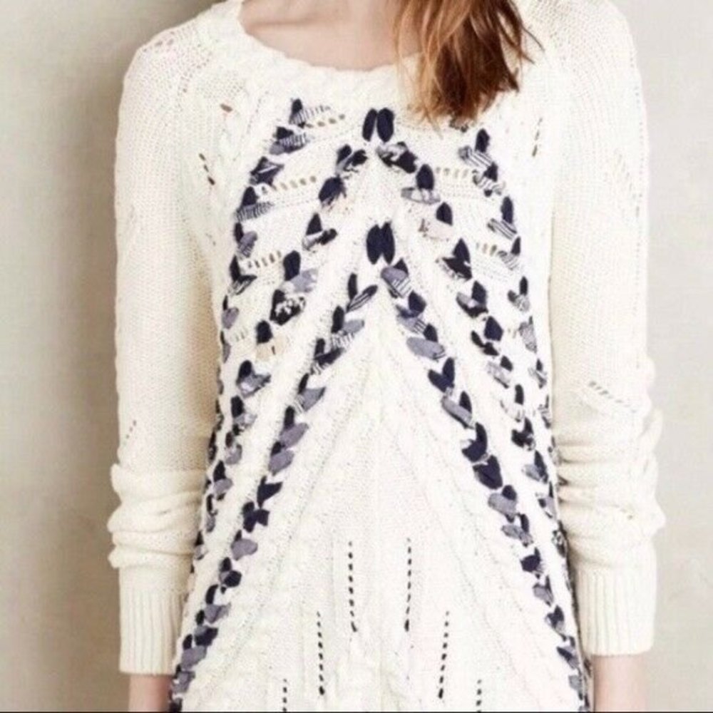 Anthropologie Knitted & Knotted Small Ribboned Cables Sweater Cable Knit Ribbon